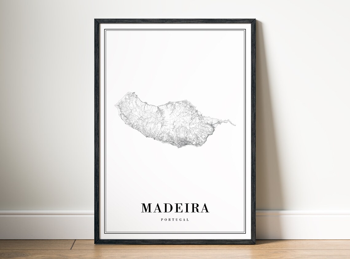 Madeira Portugal Map Print, Black and White Travel Poster