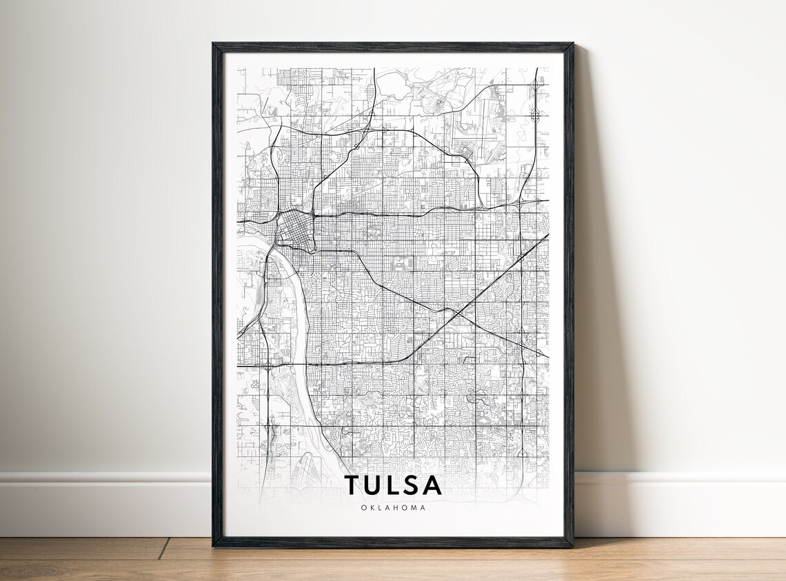 Tulsa Oklahoma Modern Minimalist Black White City Street Map Poster
