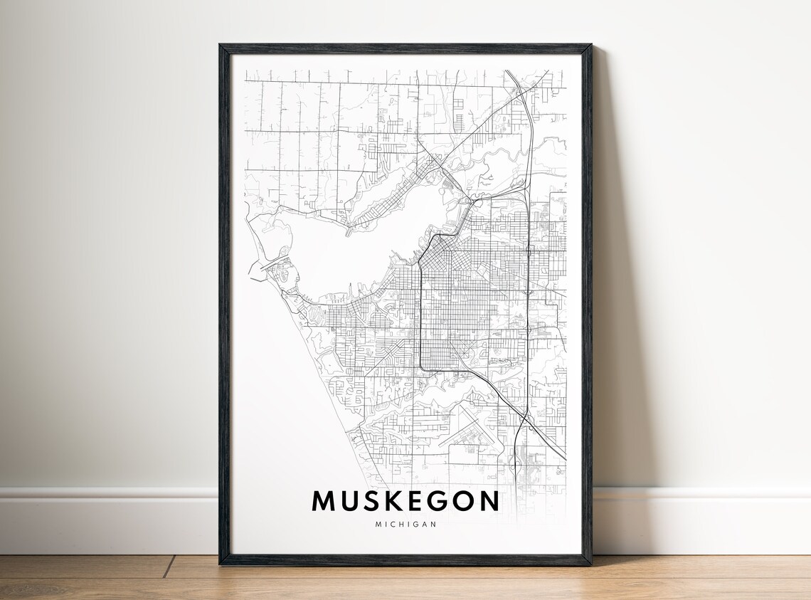 Muskegon Michigan Minimalist Black and White City Map Sketch Poster