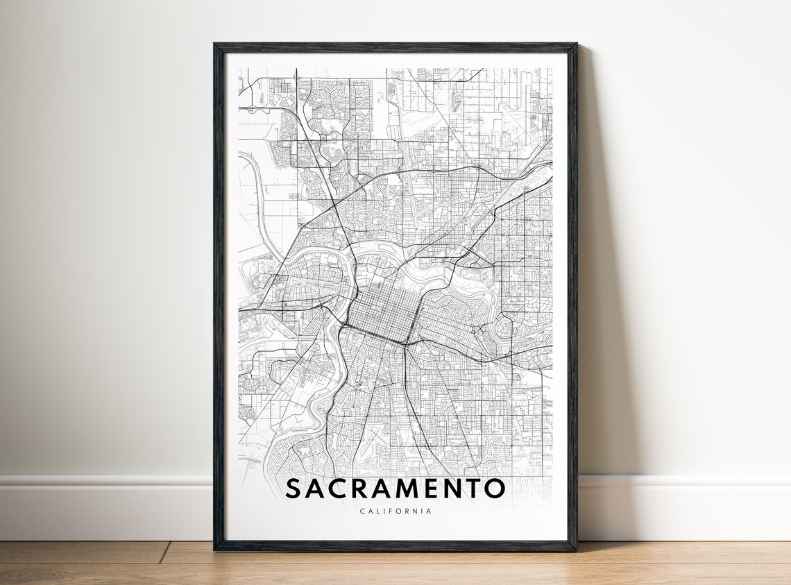 Sacramento California Map Poster, Black And White Sketch