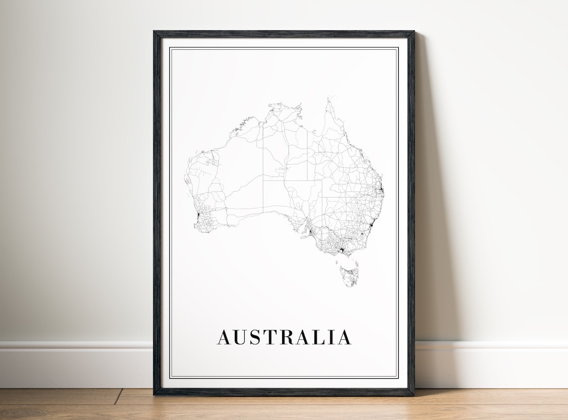 Australia Map Print, Black and White Map Art