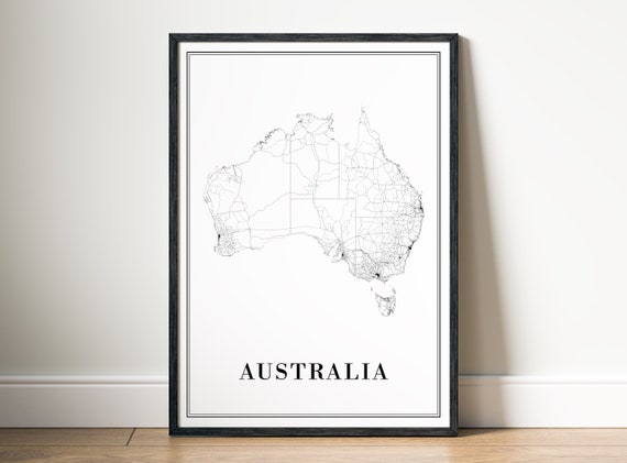 Australia Map Print, Black and White Map Art