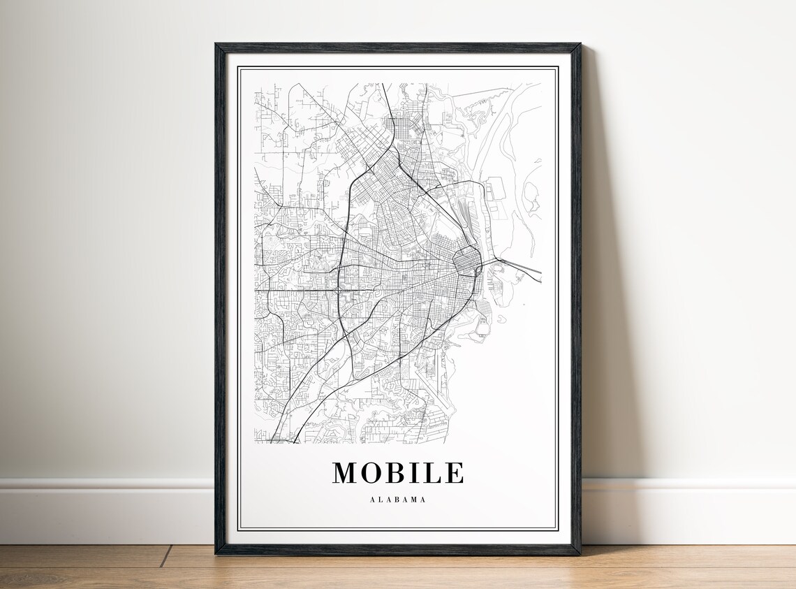 Mobile Alabama Minimalist Black And White City Street Map Poster - Image 5