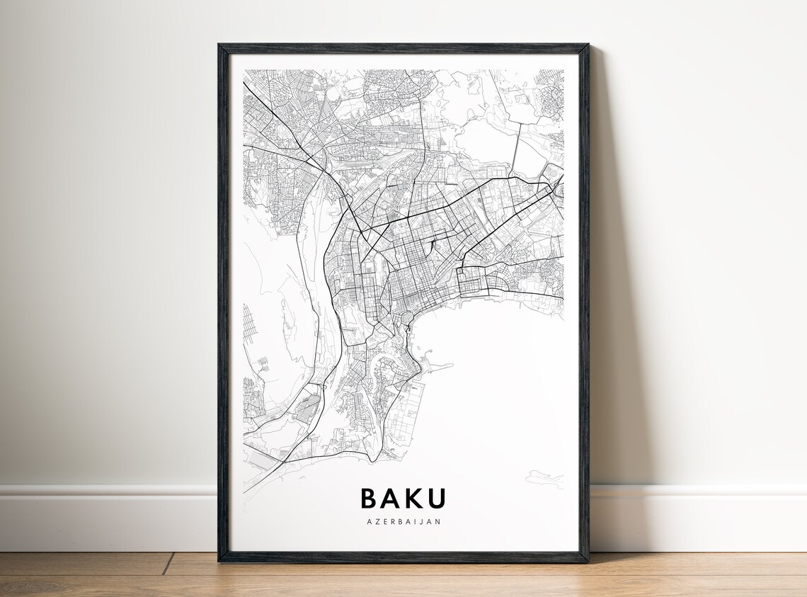 Baku Azerbaijan Minimalist Black and White City Street Map Poster
