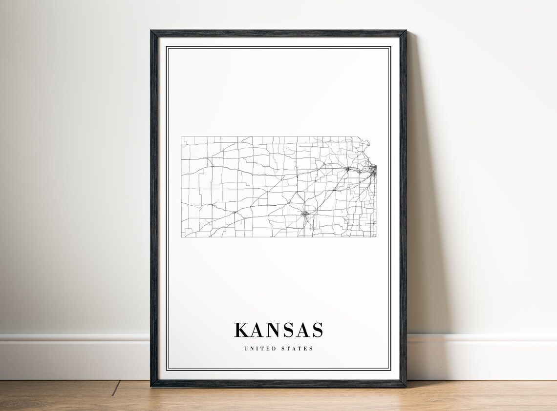 Kansas State Detailed Road Map Minimalist Black White Art Poster