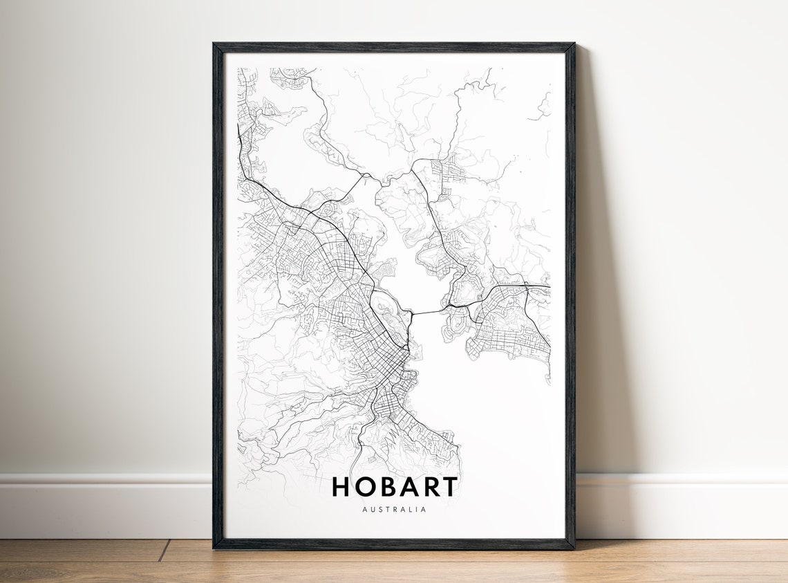 Hobart Australia City Street Map Minimal Black White Map Wall Print