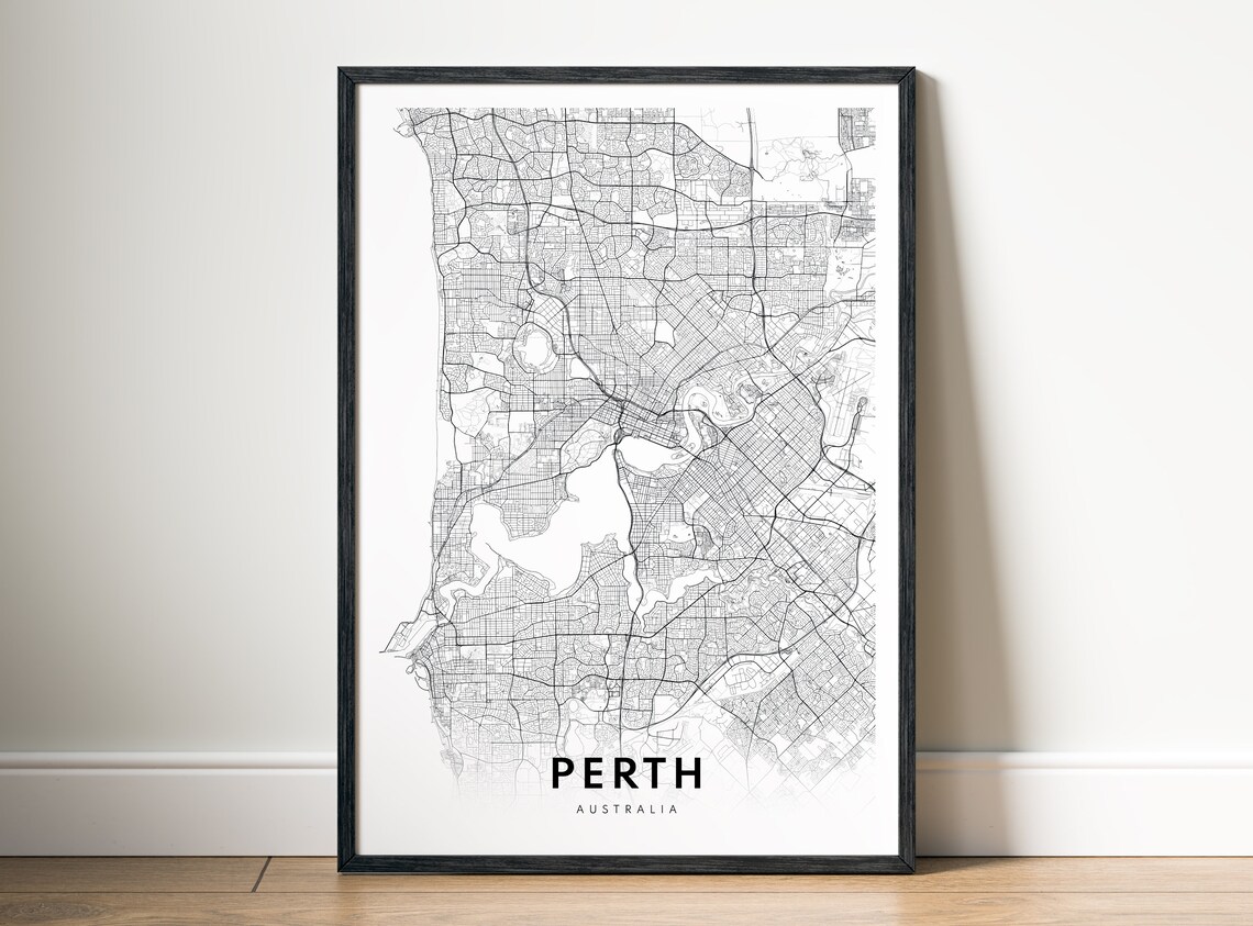 Perth Australia Black and White City Street Map Swan River Poster