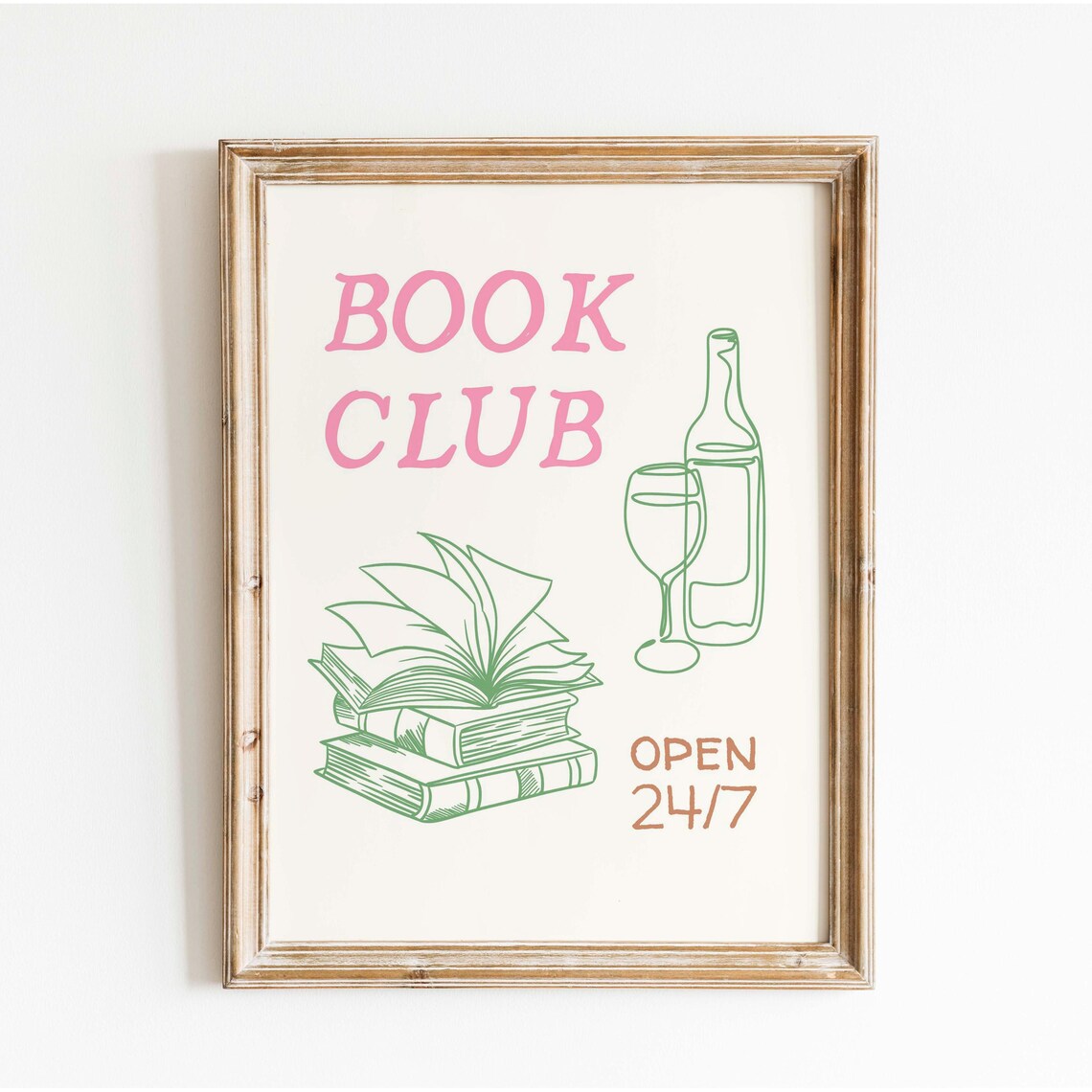 Pink and Green Line Art Book Club Open 24/7 Wine Reader Poster - Image 3