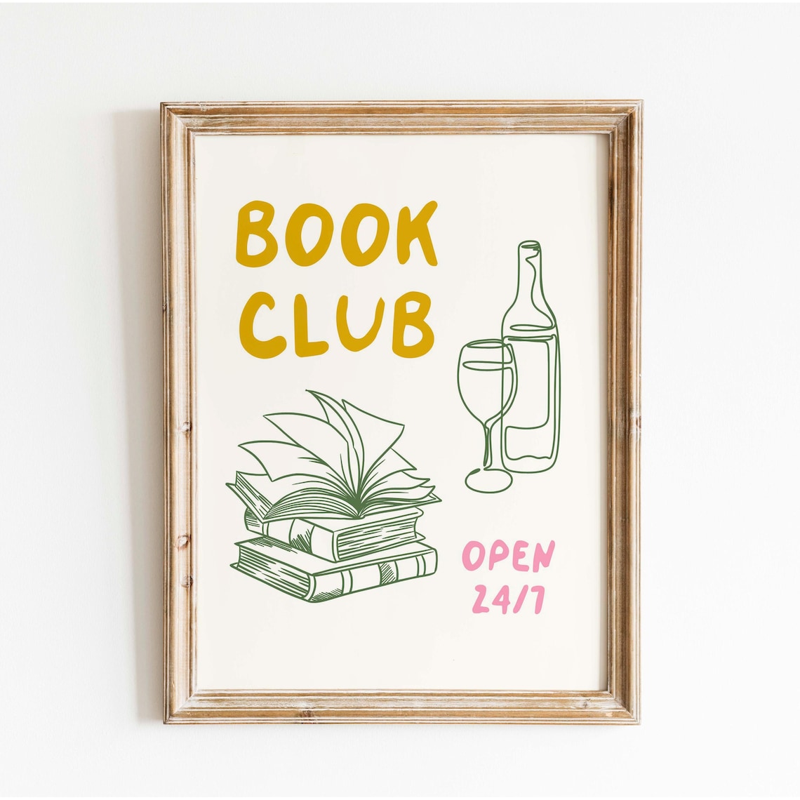 Yellow Book Club Open 24/7 Green Line Art Wine Reader Poster - Image 3