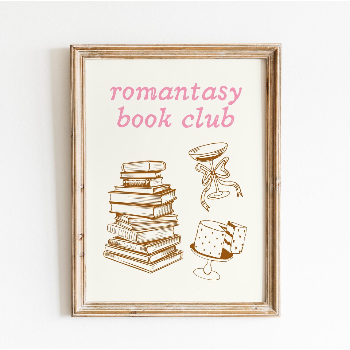 Romantasy Book Club Pink Script Book Stack Heart Cake Art Poster - Image 3