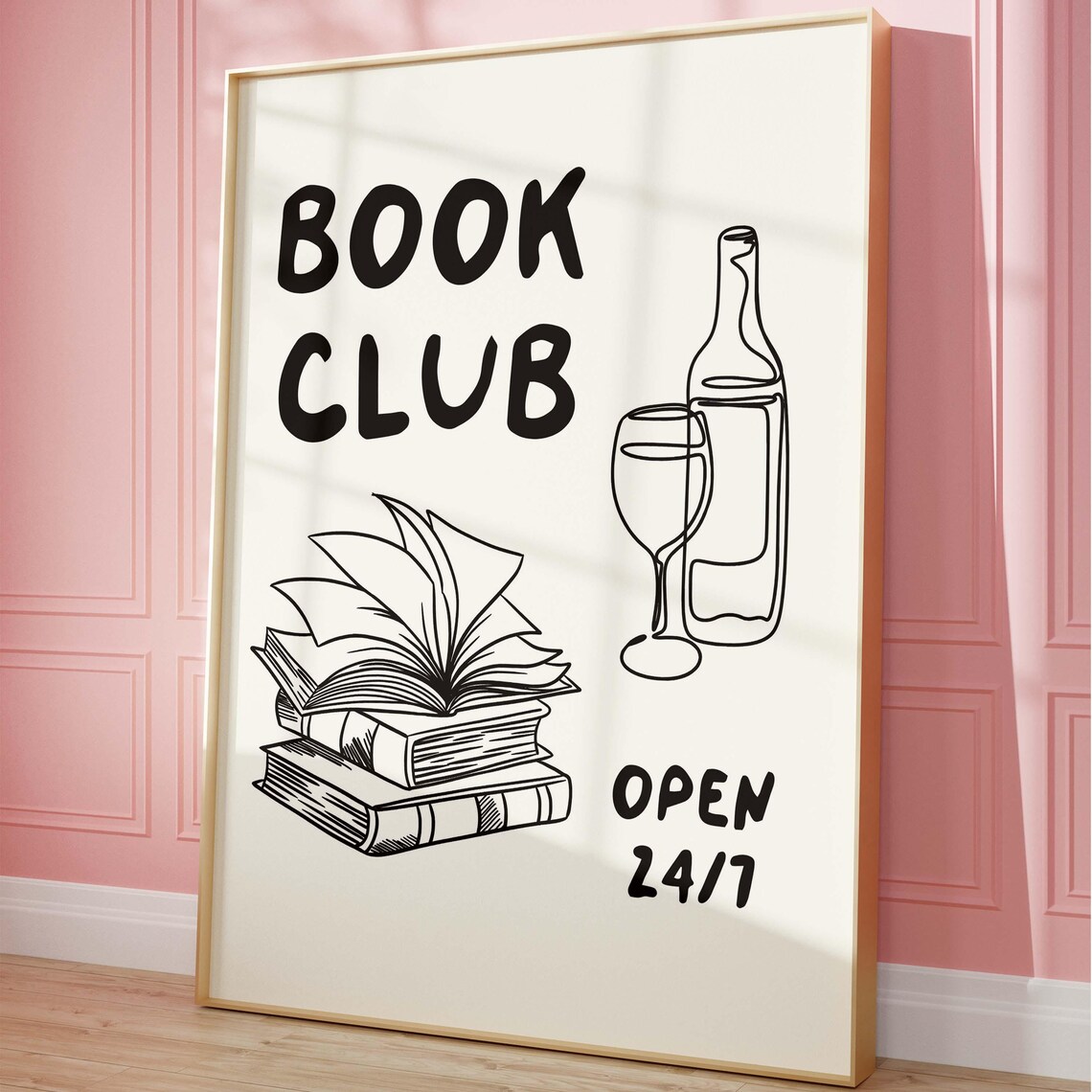 Black Line Art Book Club Open 24/7 Wine Glass Reader Decor Poster