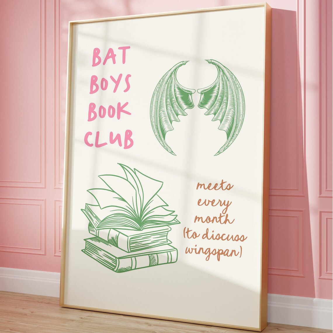 Bat Boys Book Club Pink Lettering Green Wings Book Art Poster
