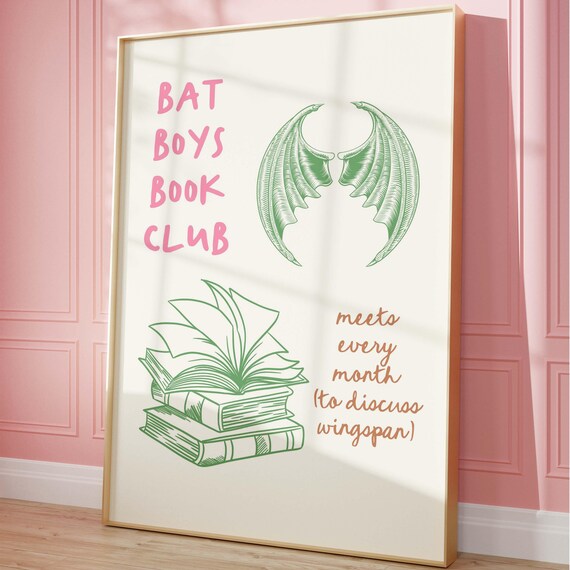 Bat Boys Book Club Pink Lettering Green Wings Book Art Poster