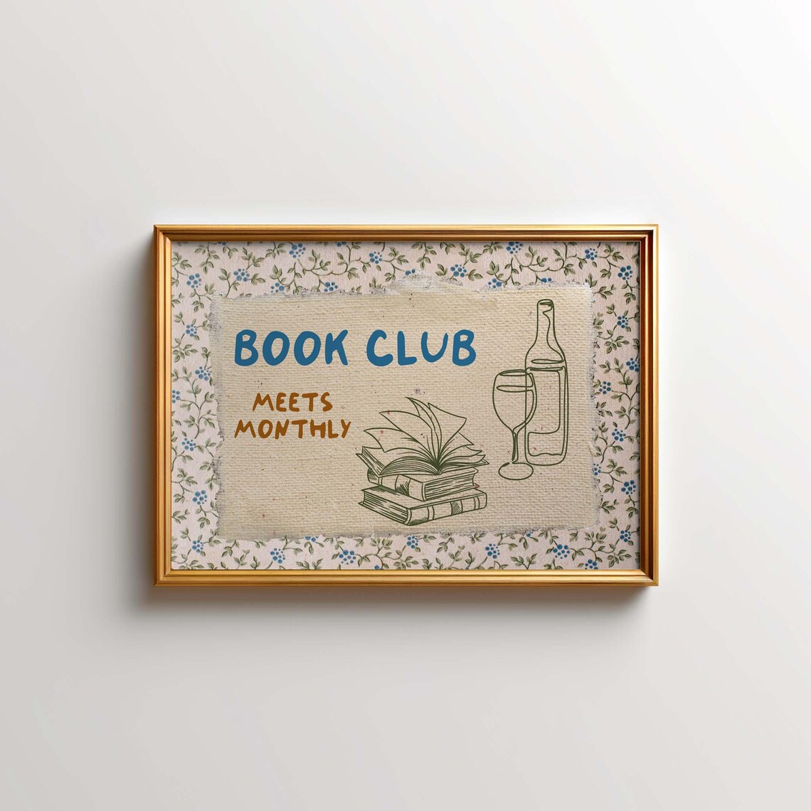 Book Club Meets Monthly Beige Linen Floral Border Reader Art Print - Image 3