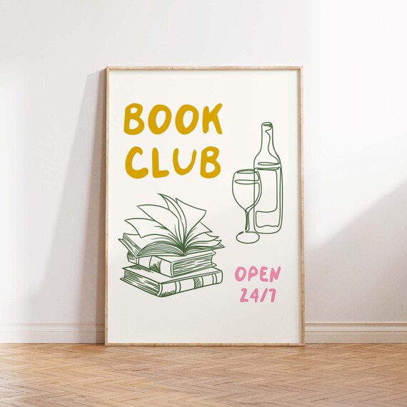 Yellow Book Club Open 24/7 Green Line Art Wine Reader Poster