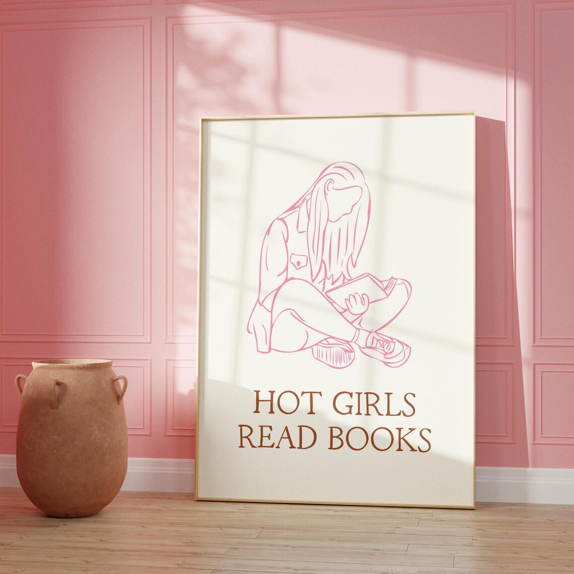 Hot Girls Read Books Pink Line Art Poster for Bookish Readers - Image 3