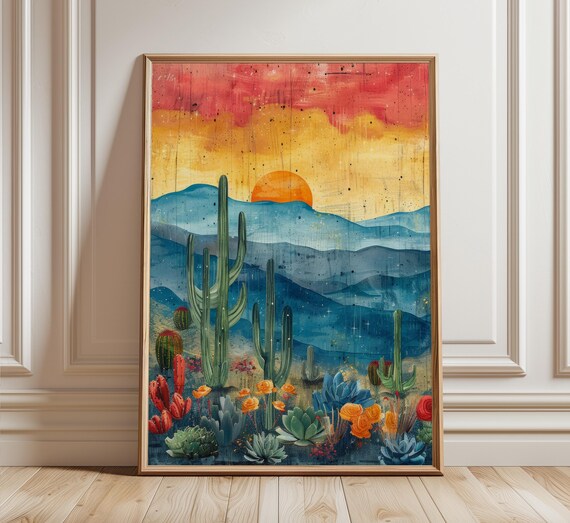 Abstract Desert Landscape Print Retro Mexican Cactussunset Poster
