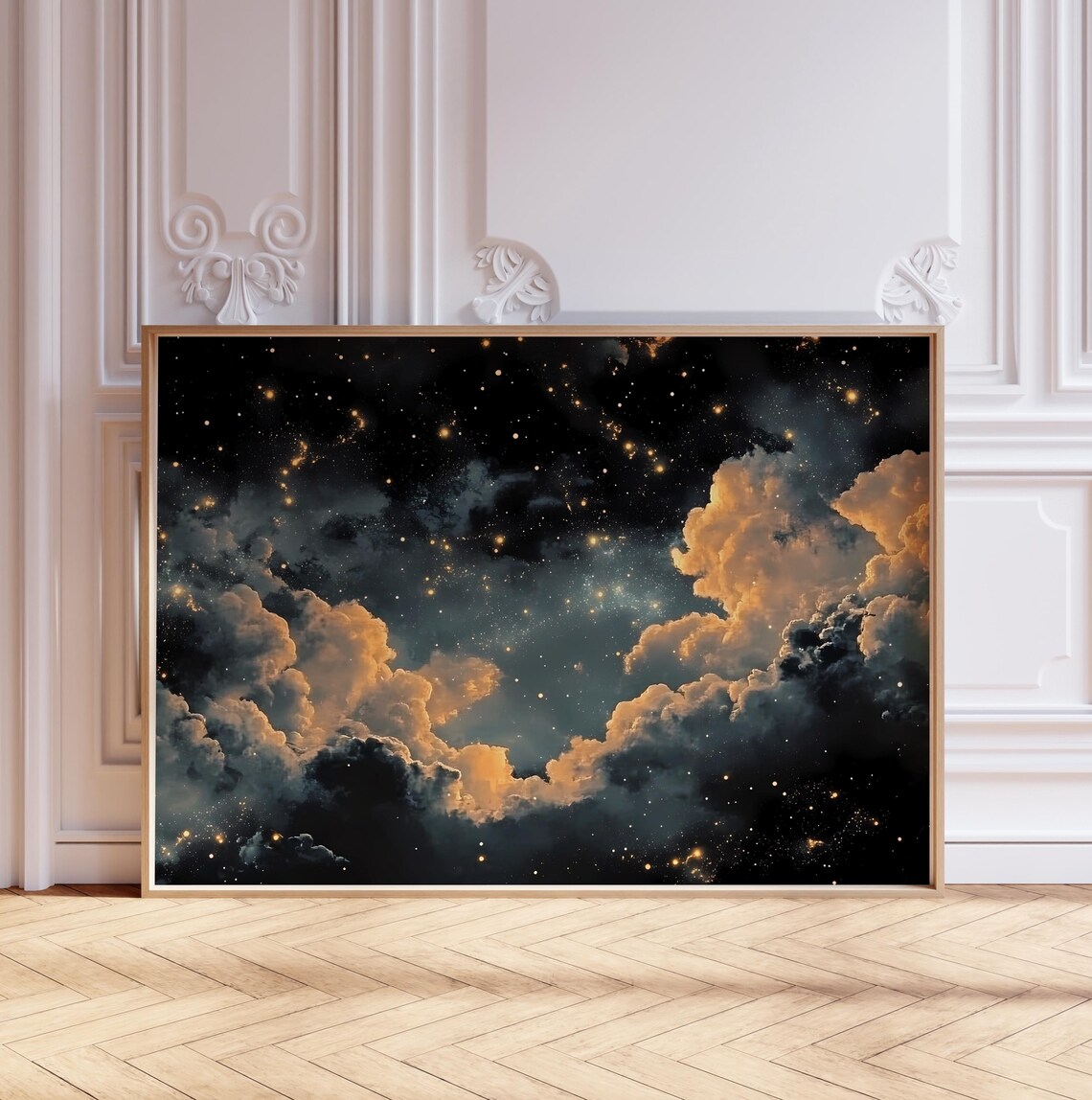 Celestial Moody Print Night Sky Stars Painting Abstract Dark Blue Vintage Art Gothic Wall