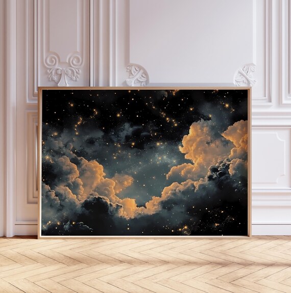 Celestial Dark Moody Cosmic Starry Night Golden Clouds Art Print