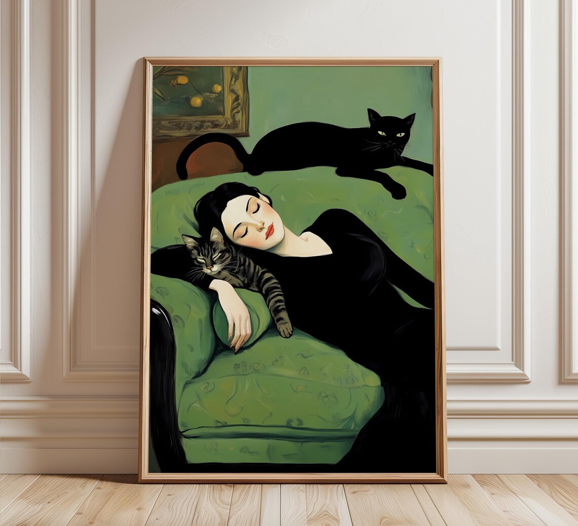 Sleeping Woman With Cats Vintage Art Print