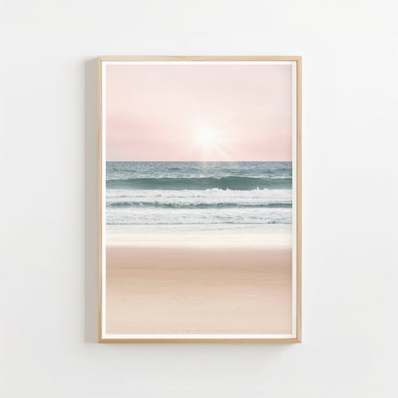 Blush Pink Pastel Beach Sunset Gentle Ocean Waves Photo Poster