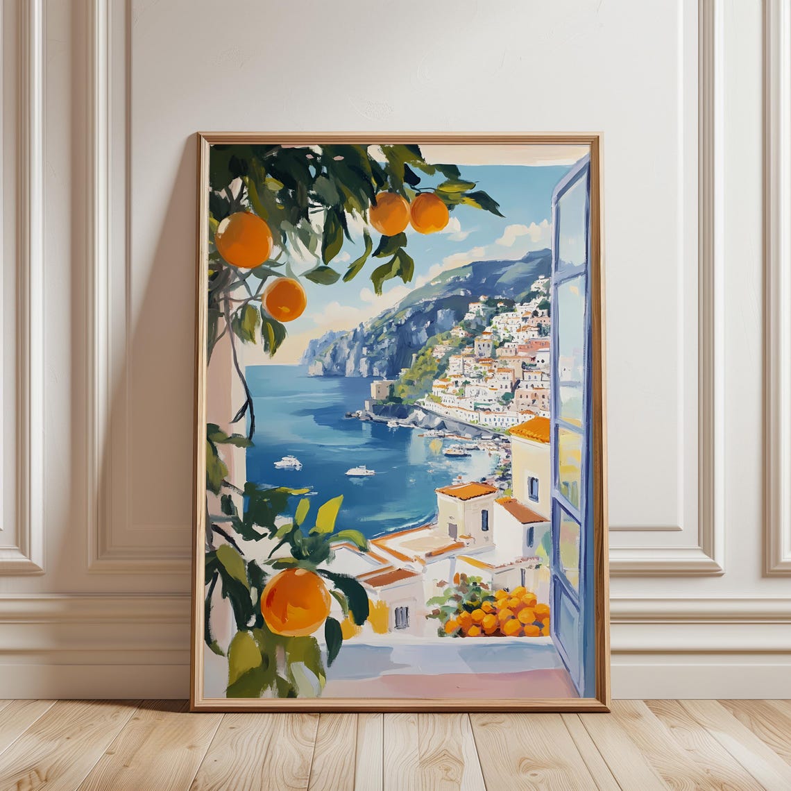 Mediterranean Coastal Town Sunny Citrus Window View Painting Poster