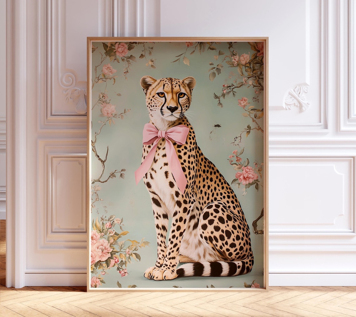 Cheetah With Pink Bow, Chinoiserie Art Print