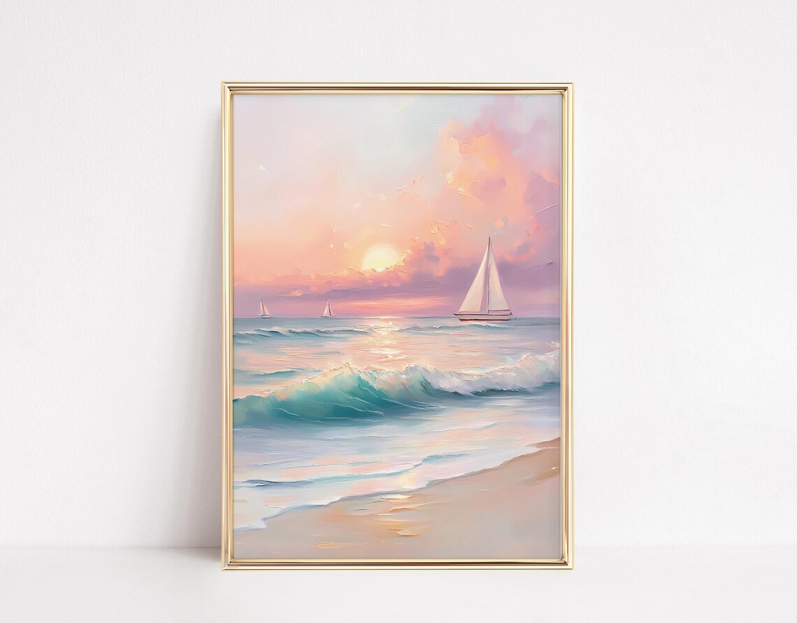 Pastel Sunset Coastal Painting, Vintage Beach Art Print