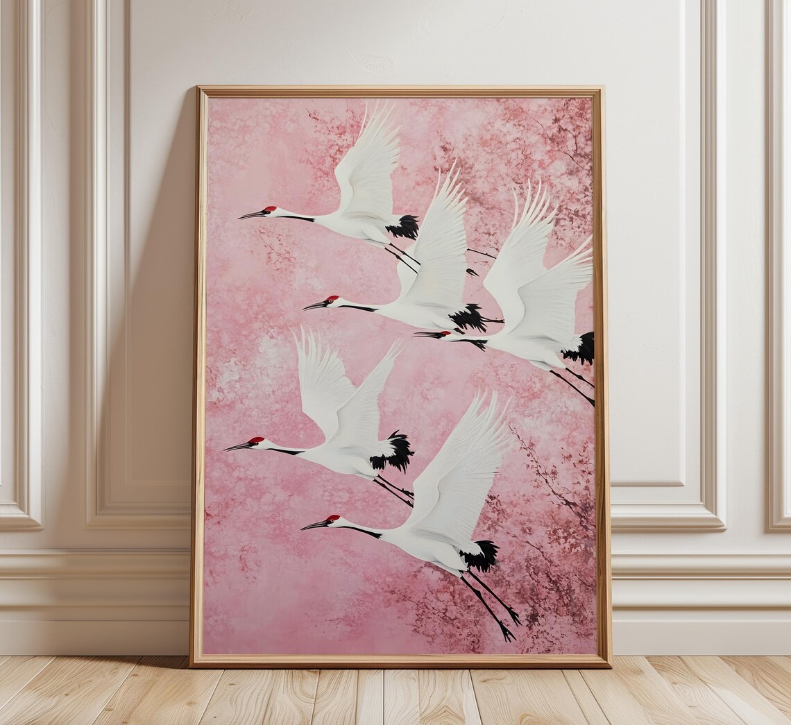 Flying White Cranes Pink Japandi Style Graceful Birds in Flight Poster