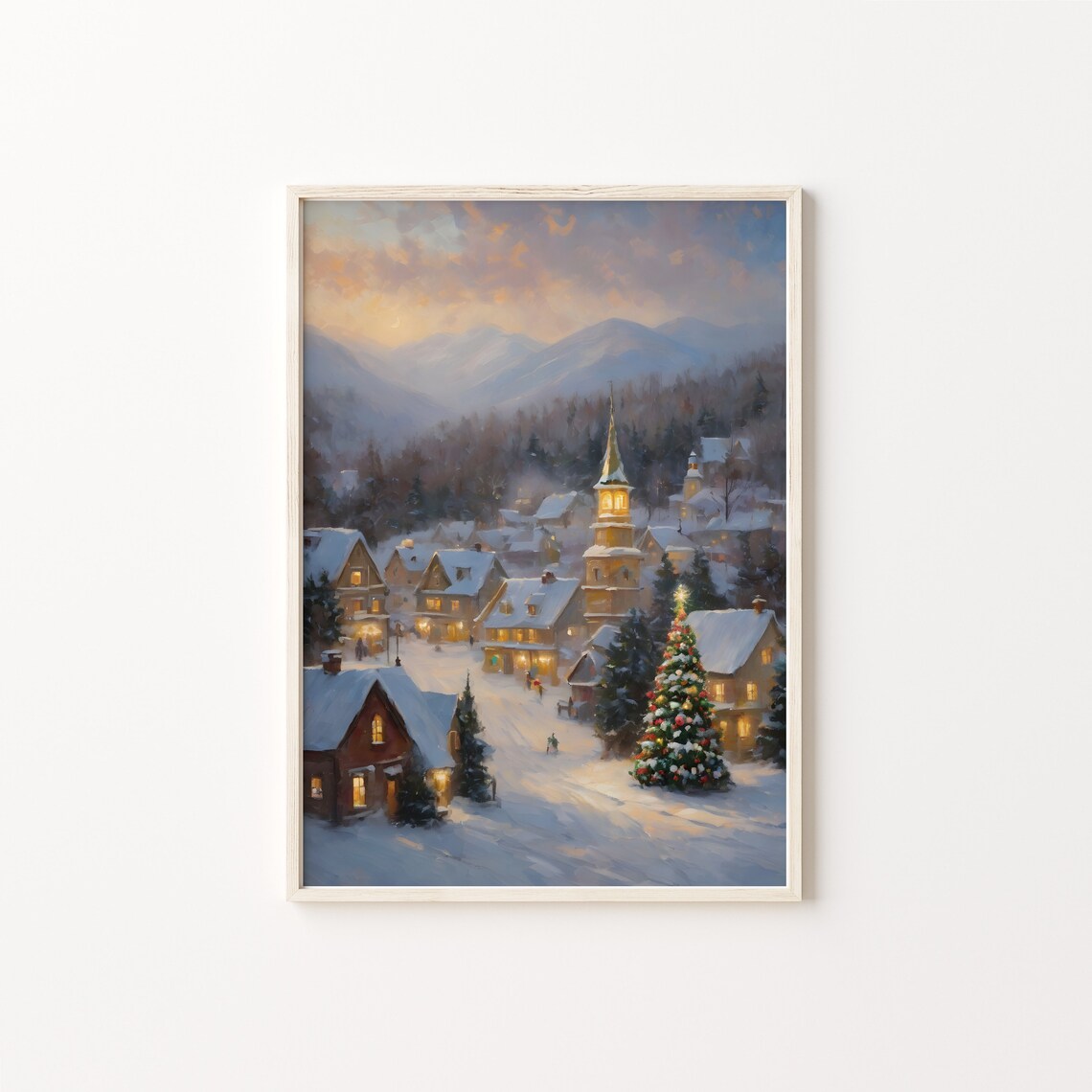 Snow Village Vintage Christmas Print, Winter Town