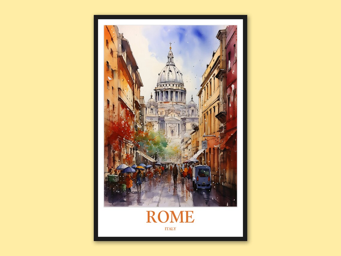 Rome Italy St Peter's Dome Rainy Umbrella Street Watercolor Poster