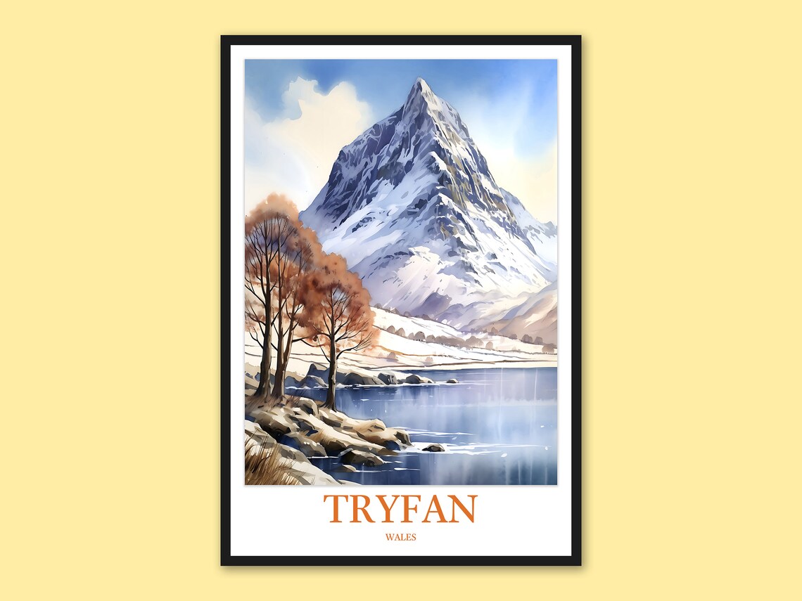 Tryfan Wales Snowy Peak Autumn Lake Watercolor Travel Poster