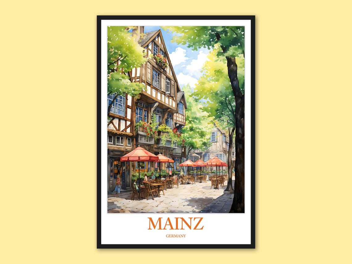 Mainz Germany Kirschgarten Half Timbered Cafe Watercolor Poster