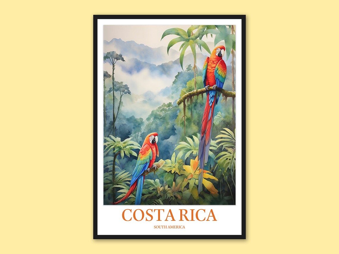 Costa Rica Scarlet Macaws Monteverde Cloud Forest Watercolor Travel Poster