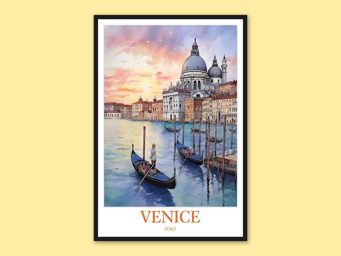 Venice Italy Gondolas Gliding on Canal at Sunset Watercolor Poster