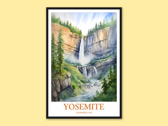 Yosemite Waterfall Canyon Watercolor Vintage California Travel Poster