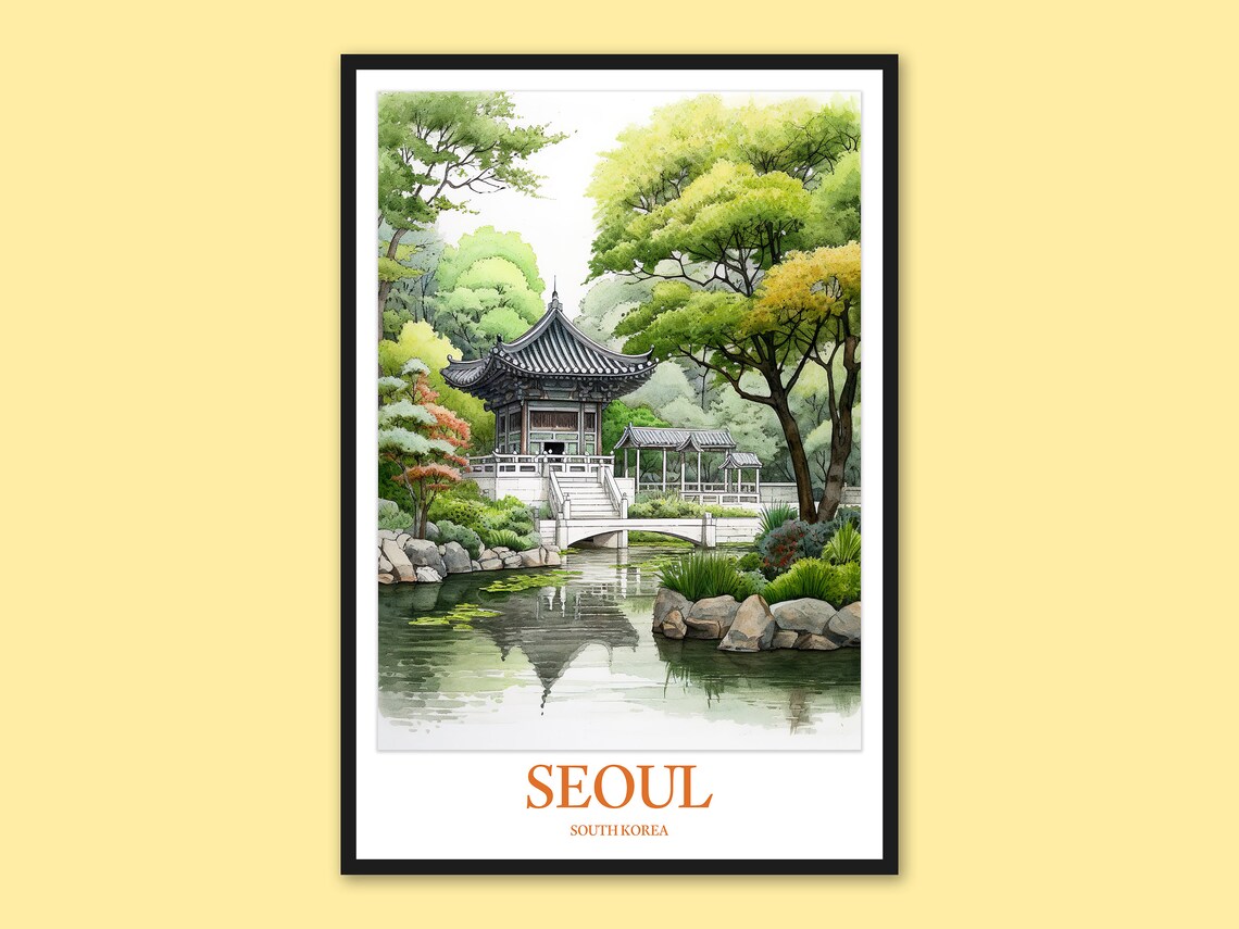 Seoul South Korea Traditional Palace Garden Pond Travel Poster
