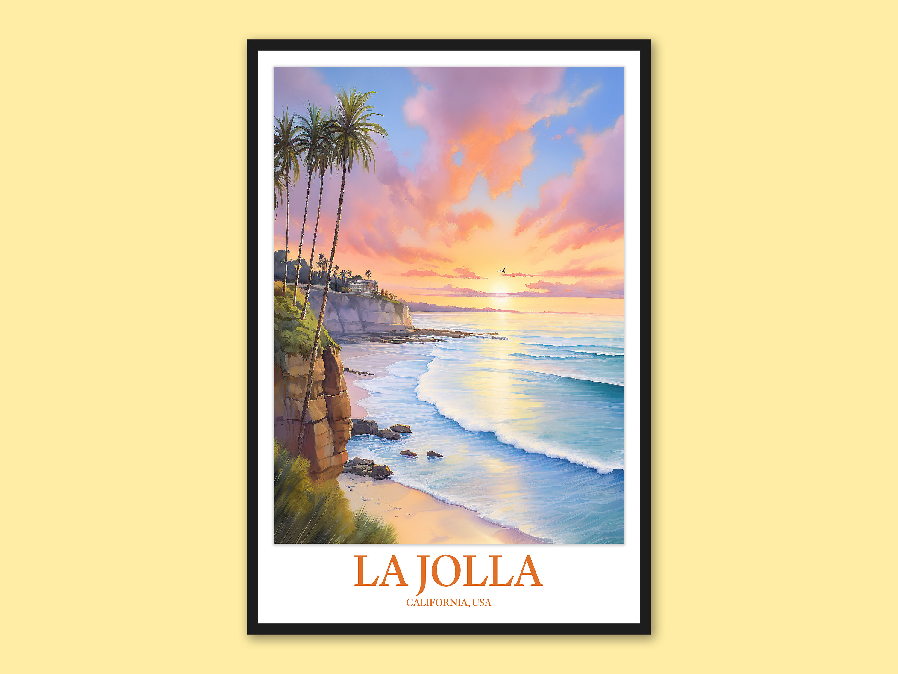 La Jolla California USA Sunset Beach Cliffs Palm Tree Art Poster