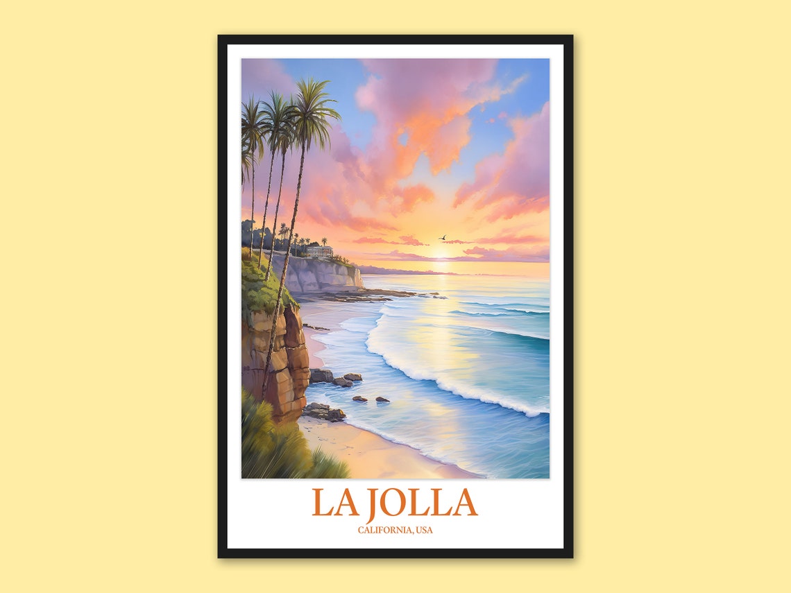 La Jolla California USA Sunset Beach Cliffs Palm Tree Art Poster