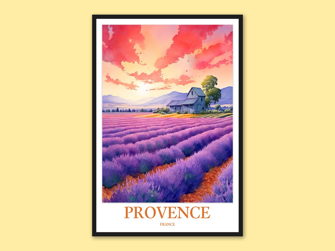 Provence Lavender Field Sunset Red Sky Farmhouse Watercolor Poster
