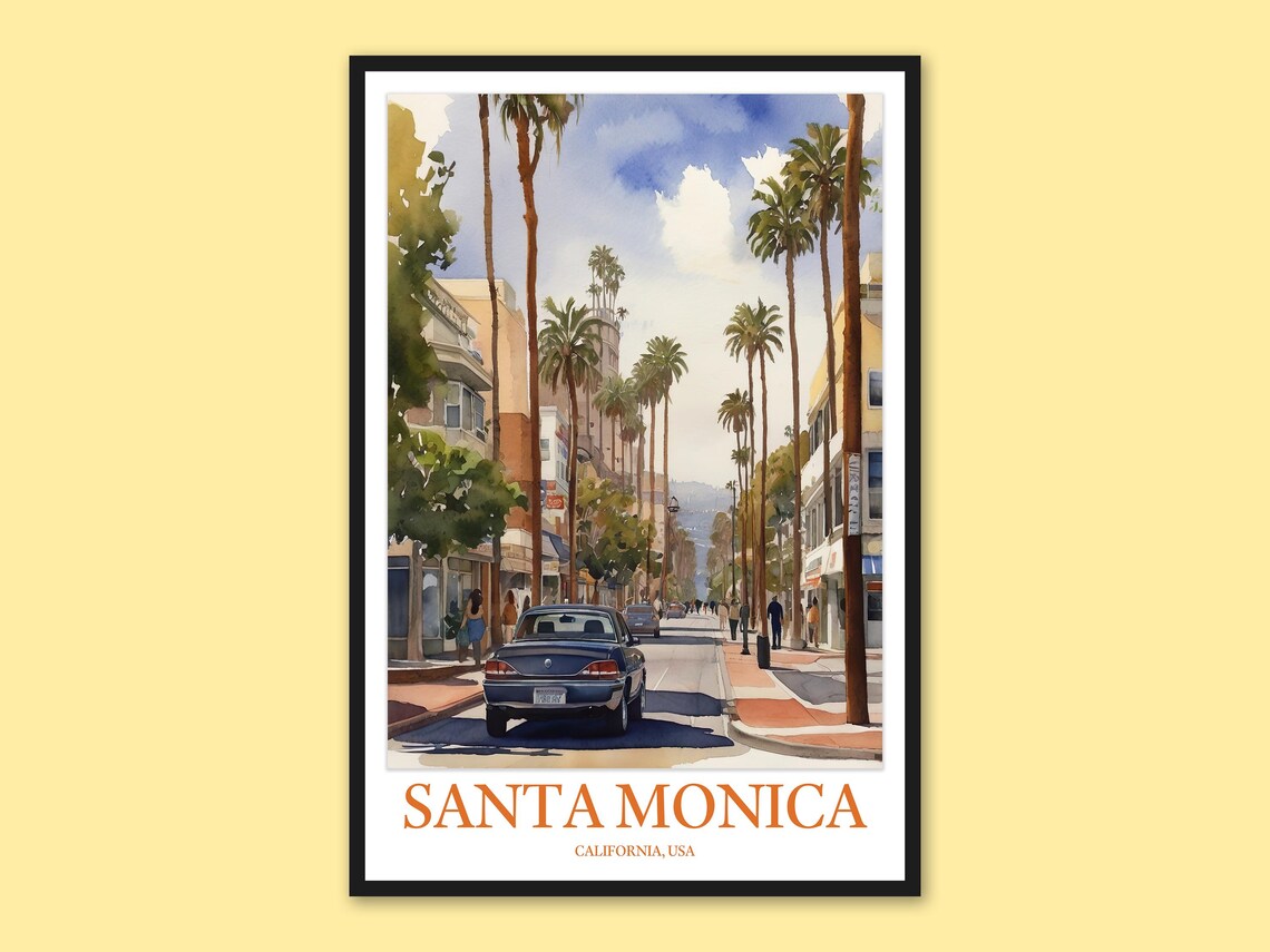 Santa Monica Palm Tree Street California Watercolor Travel Poster