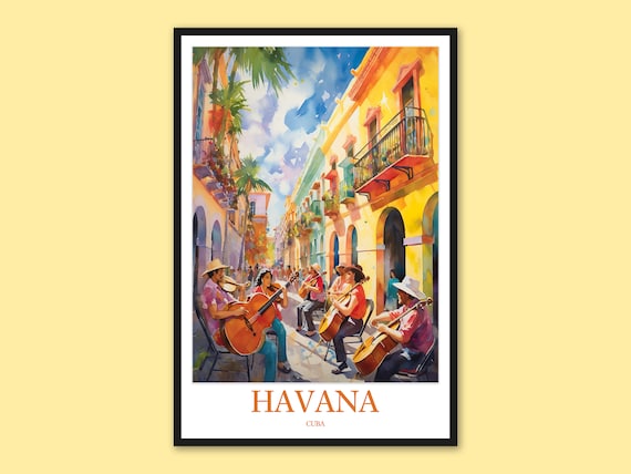 Havana Cuba Street Musicians Colorful Old Town Watercolor Poster