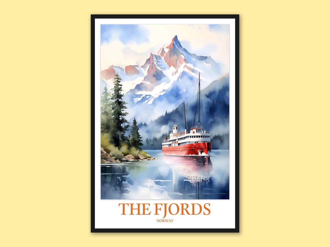 The Fjords Norway Classic Red Ship Sailing Watercolor Travel Poster