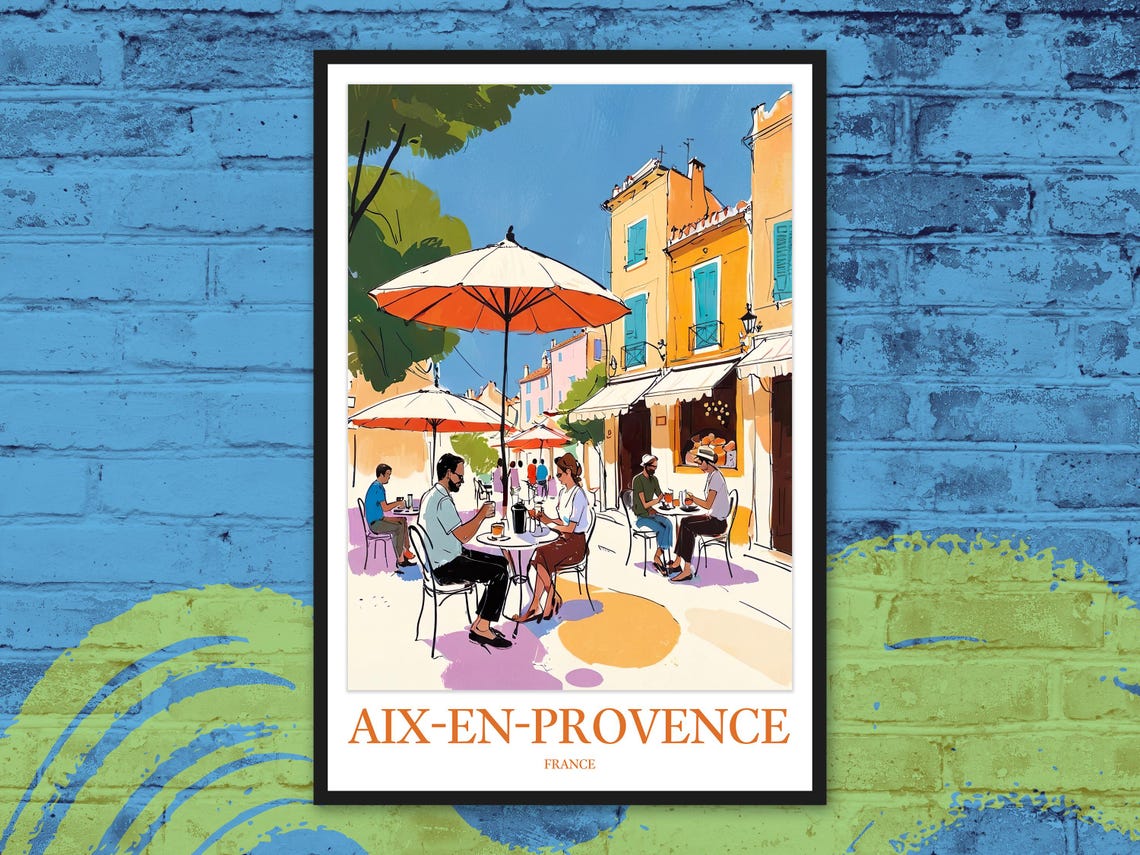 Aix-en-Provence Sunny Cafe Street Round Tables Red Umbrella Poster