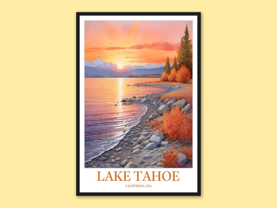 Lake Tahoe California Autumn Sunset Lakeside Shore Scene Poster