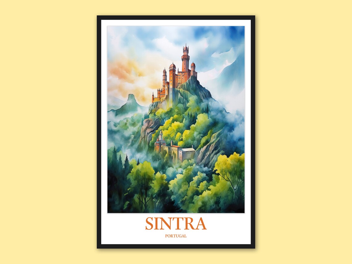 Sintra Portugal Pena Palace Misty Mountain Watercolor Travel Poster