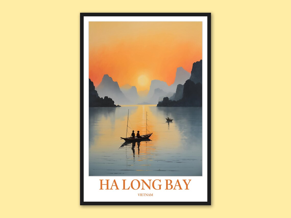 Ha Long Bay Vietnam Sunrise Rowboat Two Fishermen Travel Poster