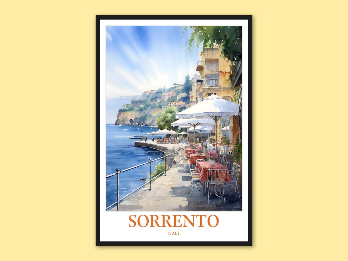 Sorrento Italy Seaside Cafe Terrace Watercolor Coastal Travel Poster