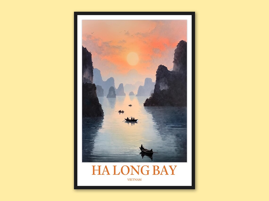 Ha Long Bay Vietnam Sunset Boats on the Calm Bay Travel Poster