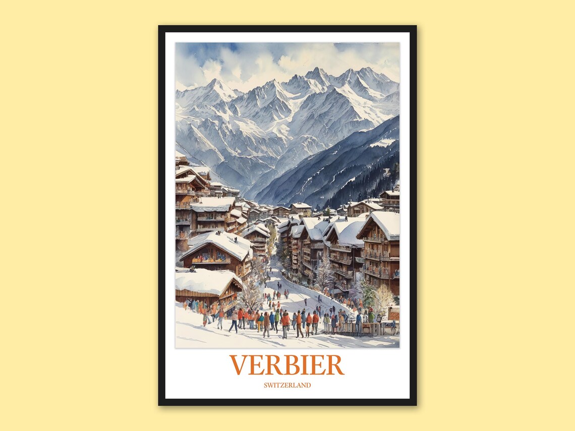 Verbier Switzerland Snowy Village Apres Ski Scene Travel Poster